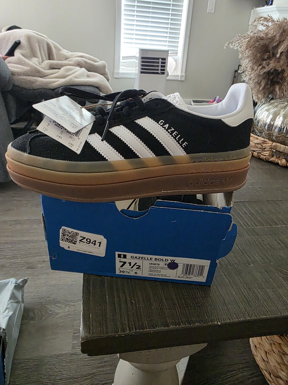 adidas Kids Gazelle Bold Black with White Stripes and Gum Sole